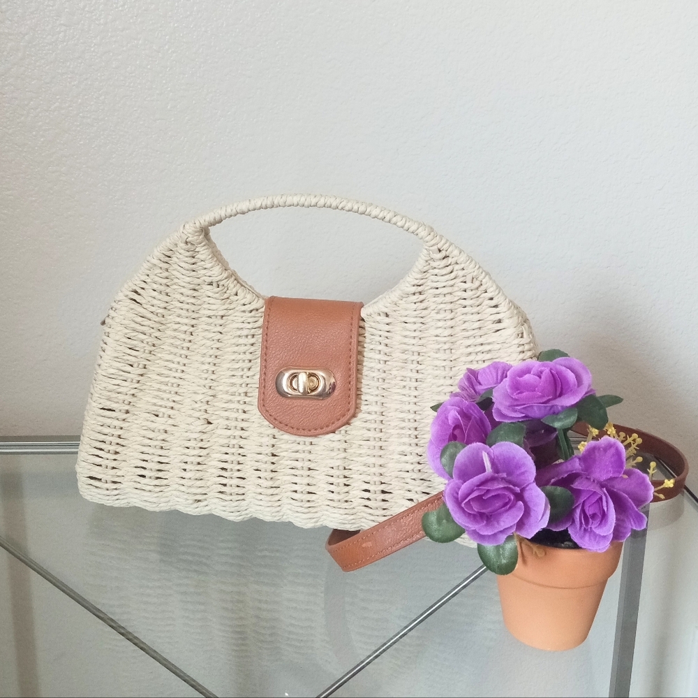 Woven Straw Beige Top Handle Satchel Crossbody Handbag Purse for Summer